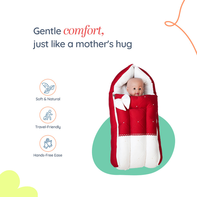 Adorables Baby Sleeping Bag | Red & White | Bow Work, Pearls, Lace Design | Cotton & Recron