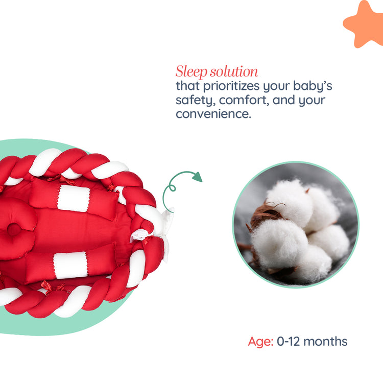 Adorables Braided Nest – Soft Cotton & Foam | Red & White | Side Pillows, Neck Pillow, and Protective Net