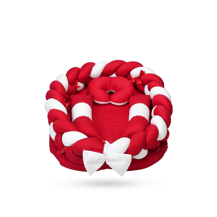 Adorables Braided Nest – Soft Cotton & Foam | Red & White | Side Pillows, Neck Pillow, and Protective Net
