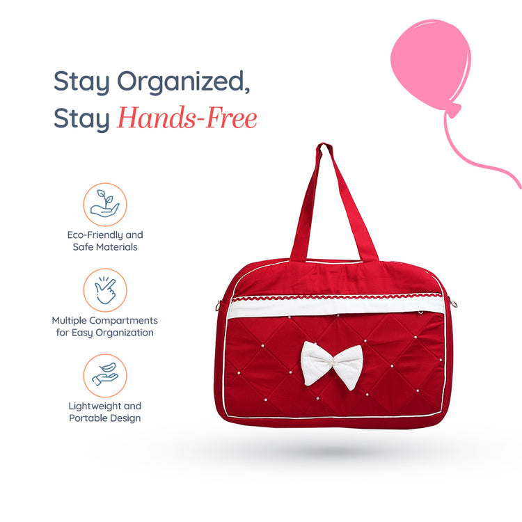 Adorables Mother Bag | Red & White | Bow and Pearls Lace Design | Cotton with Foam LD
