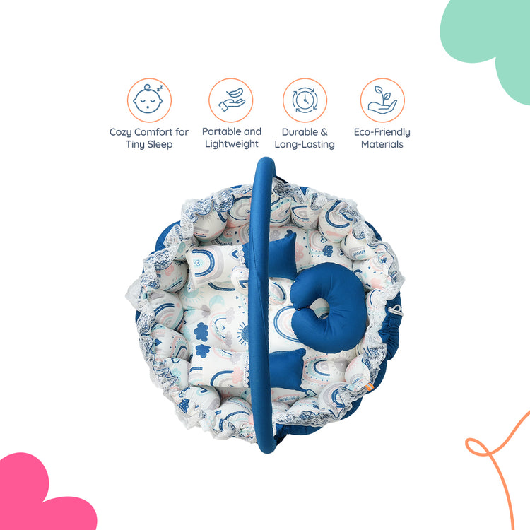 Adorables Baby Round Bedding Combo Set 3 in 1 | Royal Blue & White | Rainbow Print, Bow & Lace | Cotton & Recron | With Round Bed, Basket (L) & Baby Holder