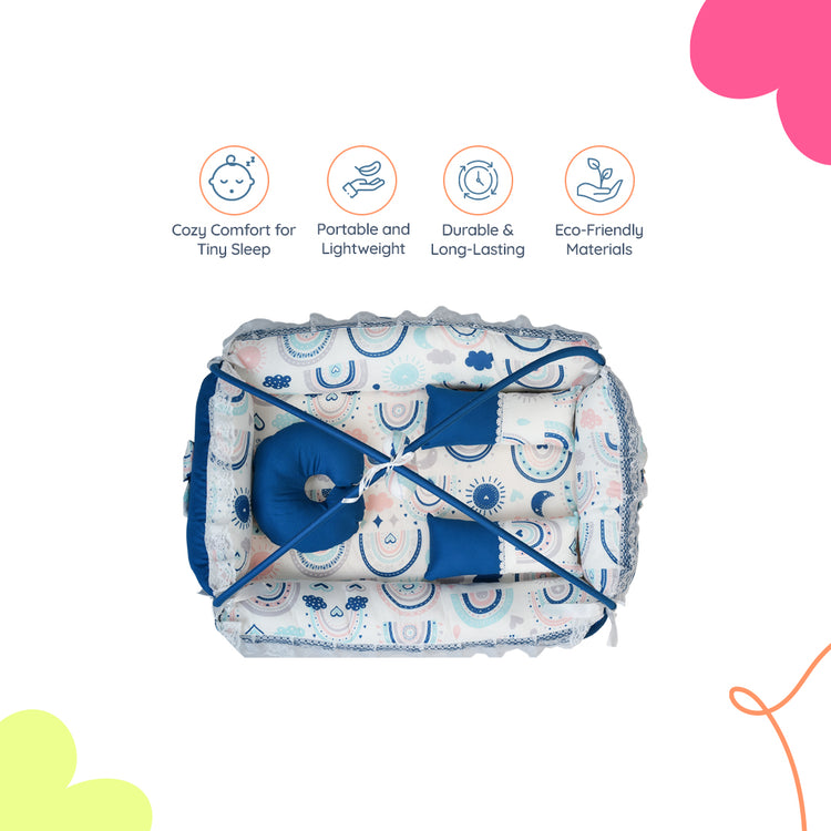 Adorables Square Bed | Royal Blue & White | Rainbow Print, Hanging Pillow, Lace Design | Cotton & Recron