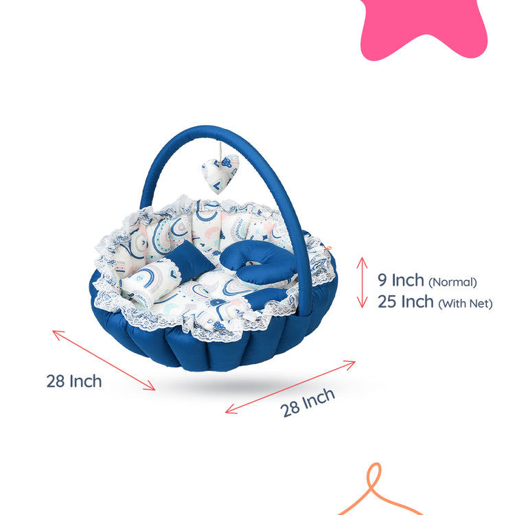 Adorables Round Bed | Royal Blue and White | Rainbow Print, Hanging Pillow, Lace Design | Cotton & Recron
