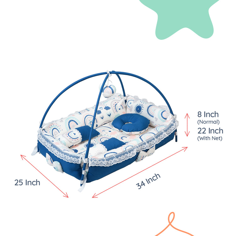 Adorables Square Bed | Royal Blue & White | Rainbow Print, Hanging Pillow, Lace Design | Cotton & Recron