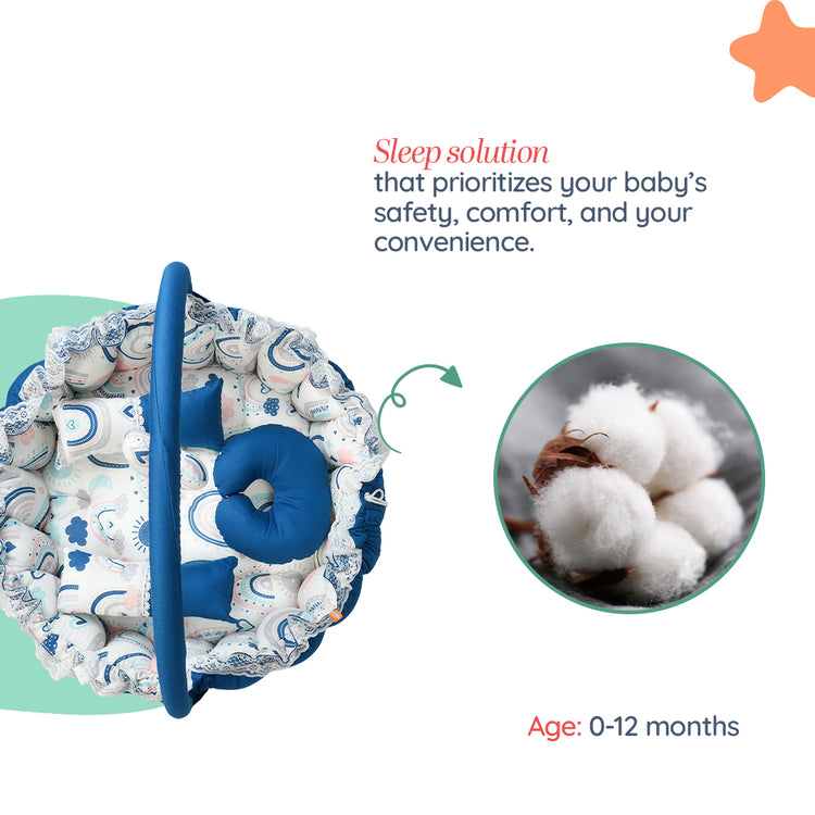 Adorables Round Bed | Royal Blue and White | Rainbow Print, Hanging Pillow, Lace Design | Cotton & Recron