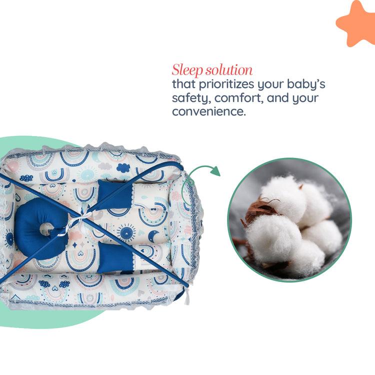 Adorables Square Bed | Royal Blue & White | Rainbow Print, Hanging Pillow, Lace Design | Cotton & Recron