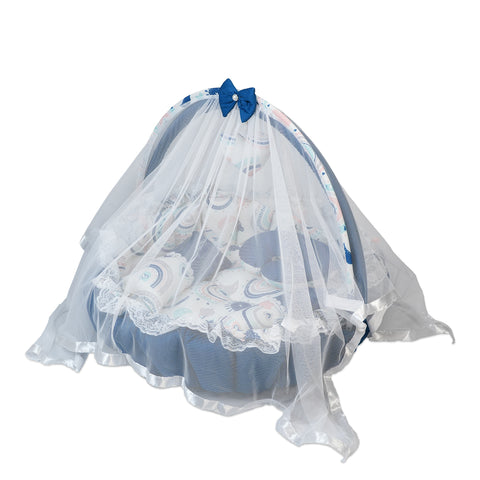 Adorables Round Bed | Royal Blue and White | Rainbow Print, Hanging Pillow, Lace Design | Cotton & Recron