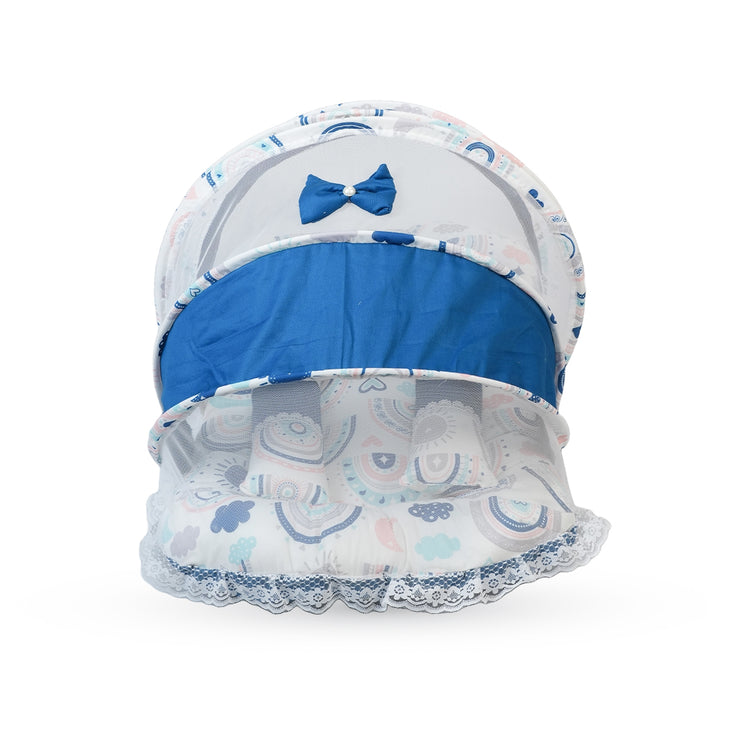 Adorables Baby Hospital Bedding Combo Set 3 in 1 | Royal Blue & White | Rainbow Print, Bow, Pearls & Lace | Cotton & Recron | Hospital Bed, Sleeping Bag & Basket (Large)