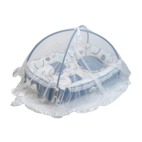 Adorables Square Bed | Royal Blue & White | Rainbow Print, Hanging Pillow, Lace Design | Cotton & Recron