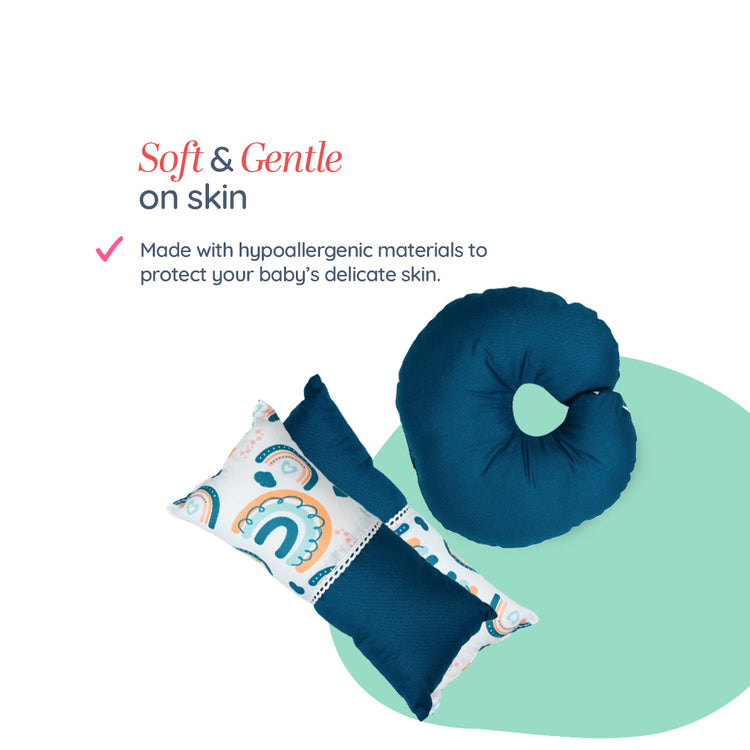 Adorables Pillow Set – Colonial Blue & White | Rainbow Print with Lace Design and Side & Neck Pillows