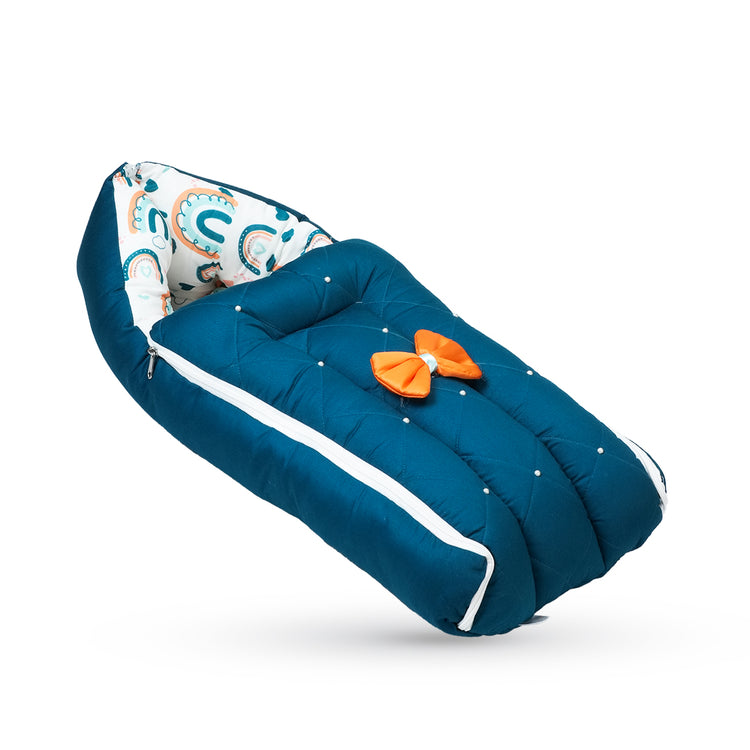 Adorables Baby Hospital Bedding Combo Set 3 in 1 | Royal Blue & White | Rainbow Print, Bow, Pearls & Lace | Cotton & Recron | Hospital Bed, Sleeping Bag & Basket (Large)