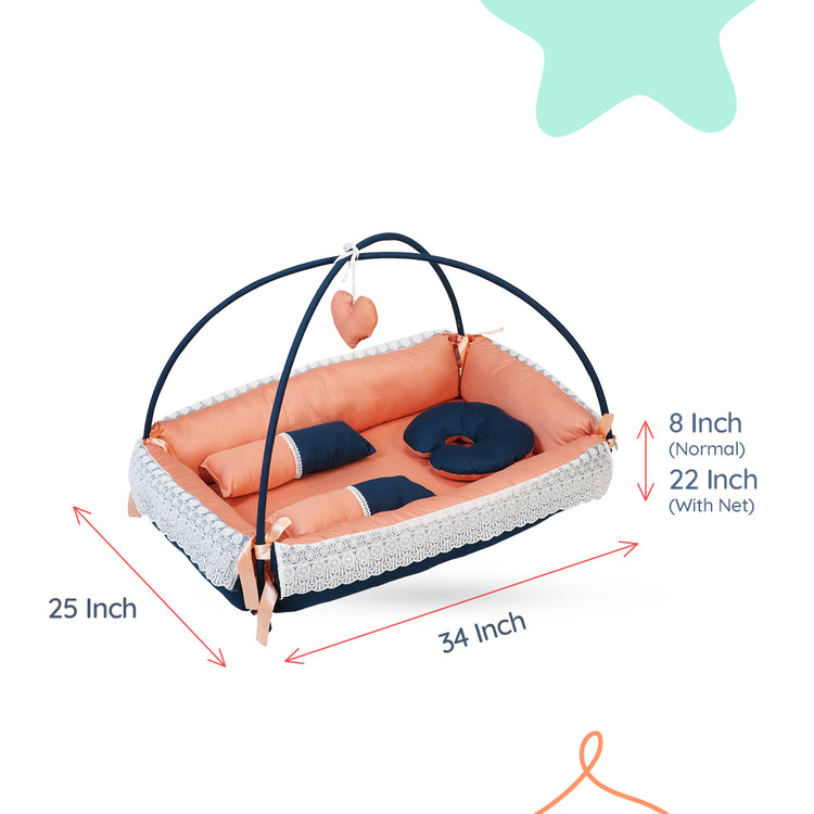 Adorables Square Bed | Turquoise Blue & Peach | Hanging Pillow, Lace Design | Cotton & Recron
