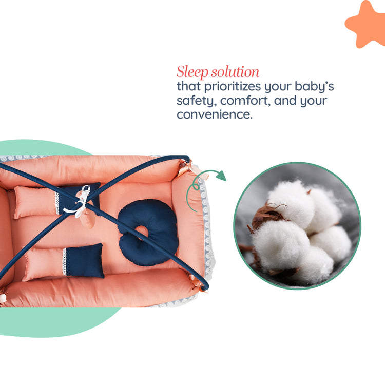 Adorables Square Bed | Turquoise Blue & Peach | Hanging Pillow, Lace Design | Cotton & Recron
