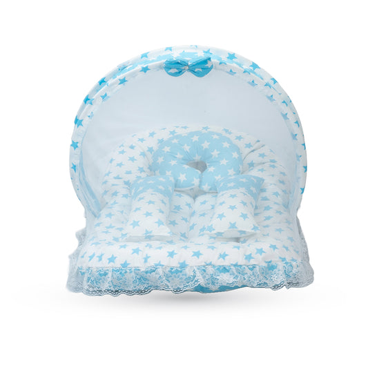 Adorables Mesh Infant Bed | Sky Blue & White | Star Print, Bow Work with Lace Design | Cotton with Recron Filling
