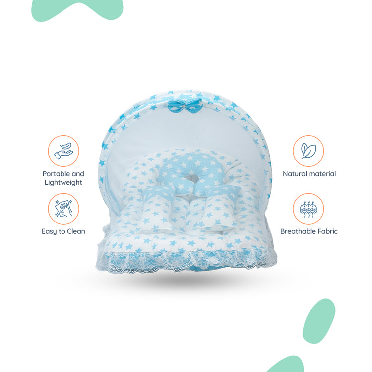 Adorables Hospital Bed | Sky Blue & White | Star Print, Bow Work with Lace Design | Cotton with Recron Filling