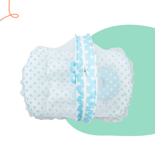 Adorables Mesh Infant Bed | Sky Blue & White | Star Print, Bow Work with Lace Design | Cotton with Recron Filling