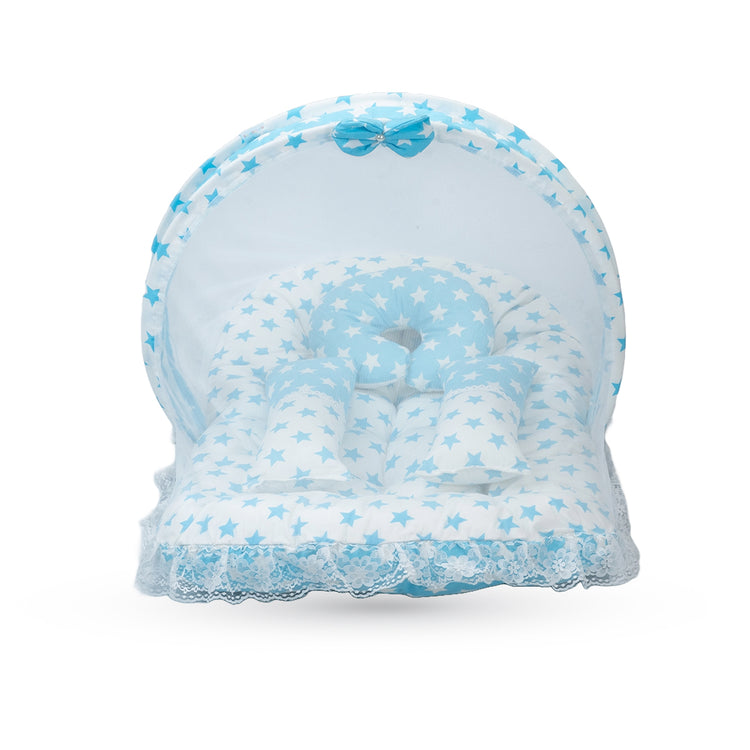 Adorables Baby Hospital Bedding Combo Set 3 in 1 | Sky Blue & White | Star Print, Bow & Lace Design | Cotton & Recron | Hospital Bed, Baby Holder & Basket (Large)