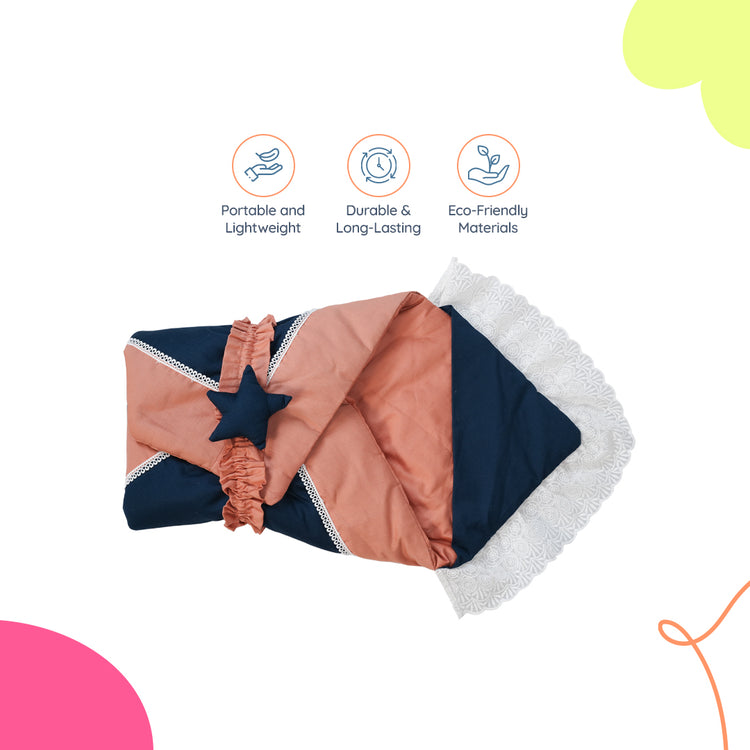 Adorables Receiving Blanket | Turquoise Blue & Peach | Cotton with Recron | Soft & Stylish Swaddle