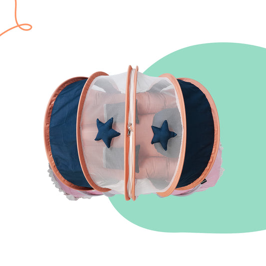 Adorables Mesh Infant Bed | Turquoise Blue & Peach | Star Bow Work with Lace Design | Cotton with Recron Filling