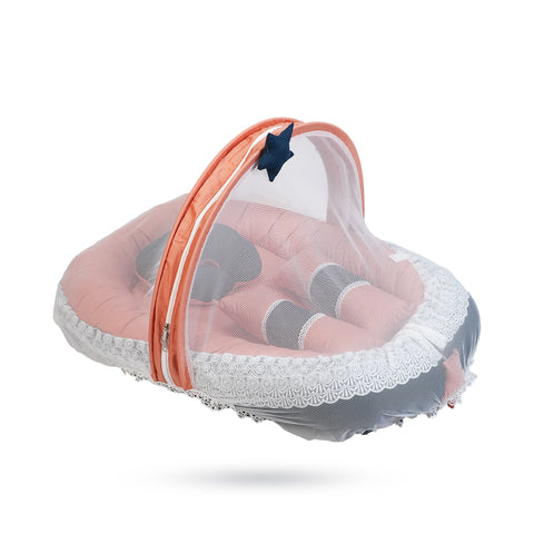 Adorables Baby Nest | Turquoise Blue & Peach | Cotton & Recron | With Removable Net & Pillows