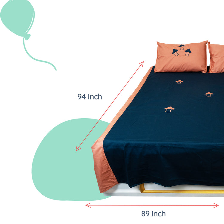 Adorables Bedsheet – Double | Turquoise Blue & Peach | Mushrooms Embroidery | Cotton