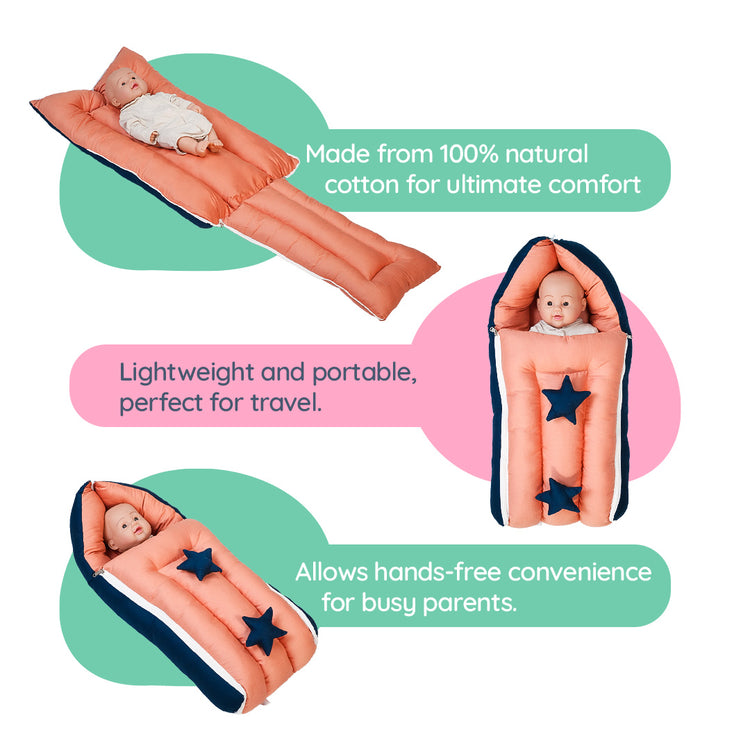 Baby Sleeping Bag | Turquoise Blue & Peach | Star Bow Work and Pearls | Cotton & Recron