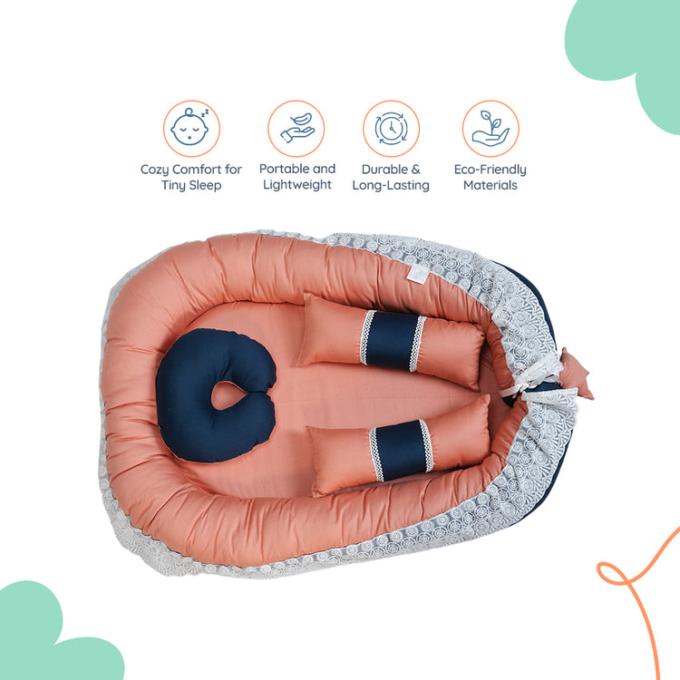 Adorables Baby Nest | Turquoise Blue & Peach | Cotton & Recron | With Removable Net & Pillows