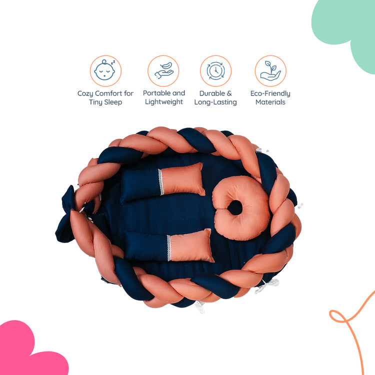 Adorables Braided Nest – Soft Cotton & Foam | Turquoise Blue & Peach | Side Pillows, Neck Pillow, and Protective Net
