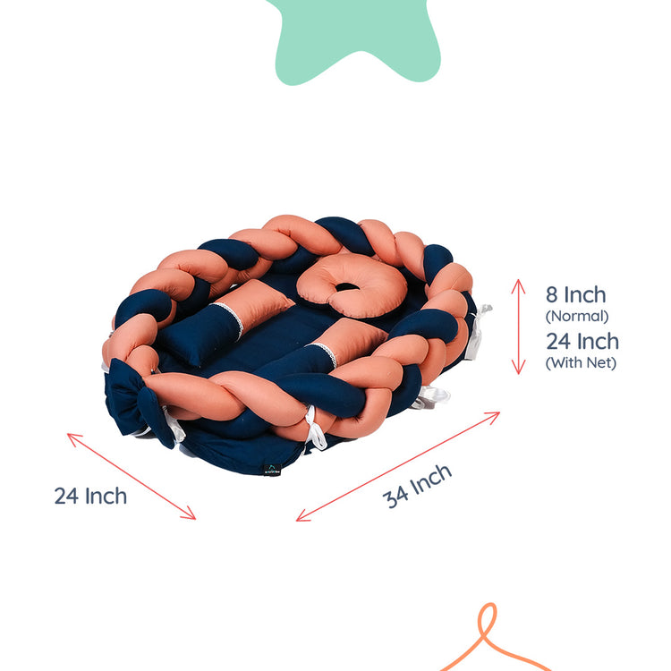 Adorables Braided Nest – Soft Cotton & Foam | Turquoise Blue & Peach | Side Pillows, Neck Pillow, and Protective Net
