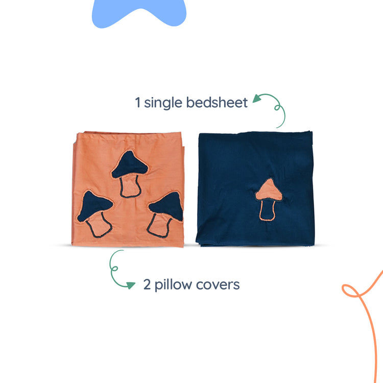 Adorables Bedsheet – Double | Turquoise Blue & Peach | Mushrooms Embroidery | Cotton