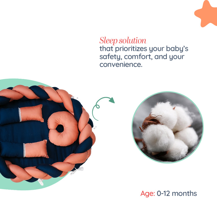 Adorables Braided Nest – Soft Cotton & Foam | Turquoise Blue & Peach | Side Pillows, Neck Pillow, and Protective Net