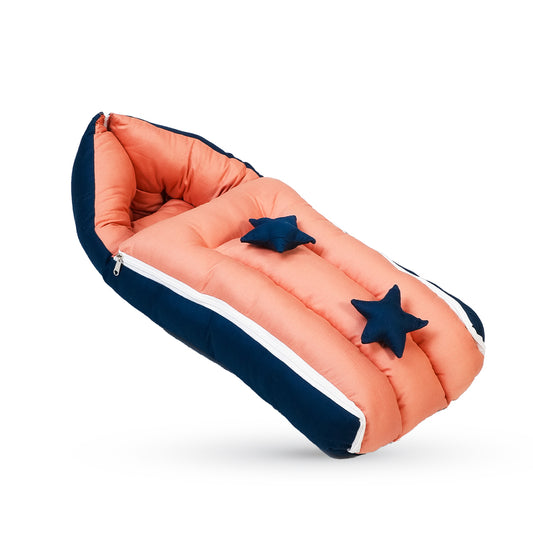 Adorables Baby Sleeping Bag | Turquoise Blue & Peach | Star Bow Work and Pearls | Cotton & Recron