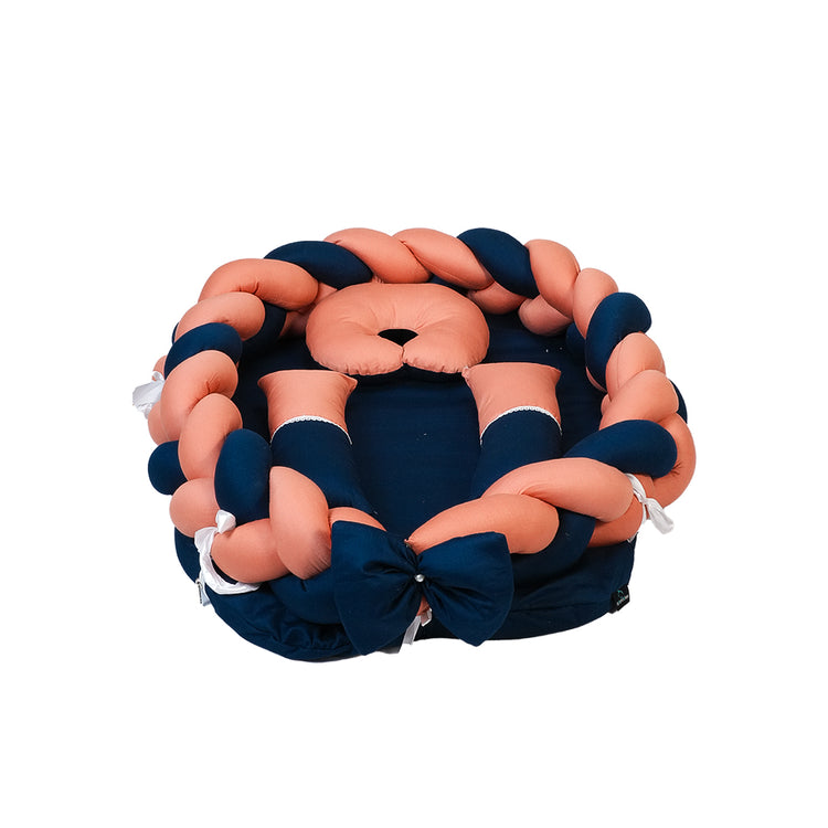 Adorables Baby Braided Bedding Combo Set 3 in 1 | Turquoise Blue & Peach | Bow, Pearls & Lace Design | Cotton & Recron | With Braided Nest, Basket (L) & Sleeping Bag