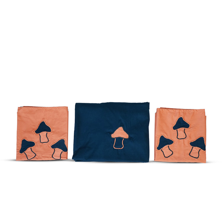 Adorables Bedsheet – Double | Turquoise Blue & Peach | Mushrooms Embroidery | Cotton