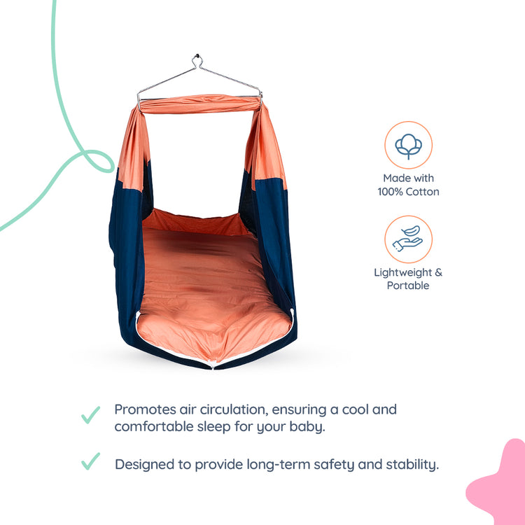 Adorables Bed Cradle | Turquoise Blue & Peach | Cotton with Recron | Mushroom Embroidery | Includes Star Hangings and Removable Net