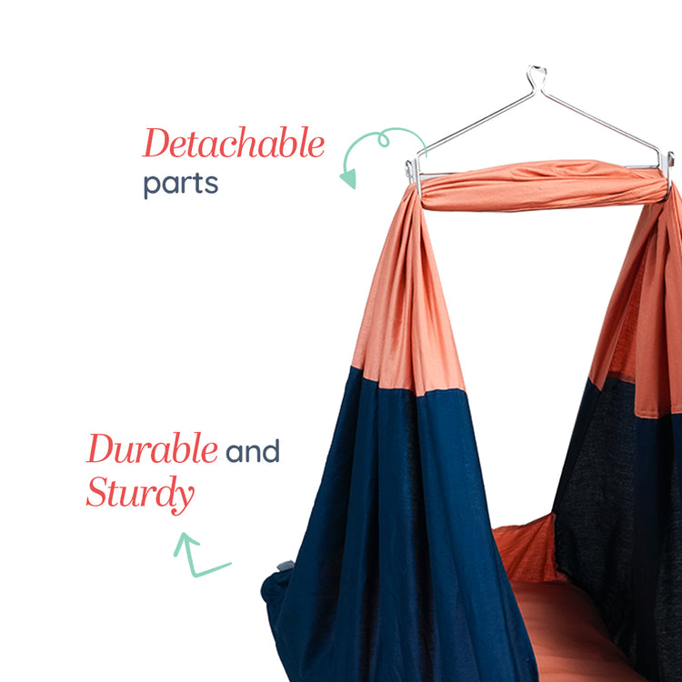 Adorables Bed Cradle | Turquoise Blue & Peach | Cotton with Recron | Mushroom Embroidery | Includes Star Hangings and Removable Net