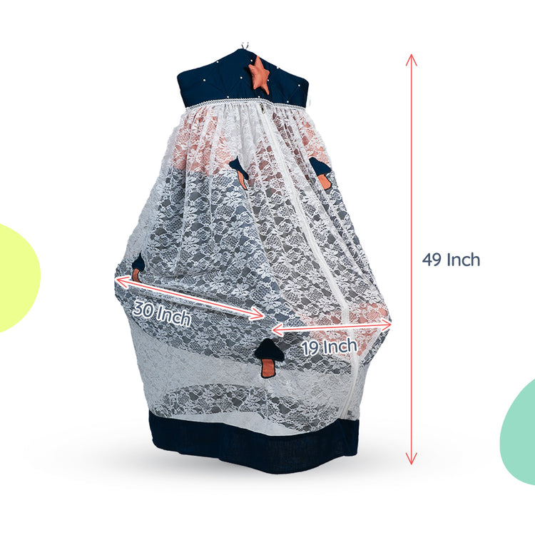 Adorables Bed Cradle | Turquoise Blue & Peach | Cotton with Recron | Mushroom Embroidery | Includes Star Hangings and Removable Net