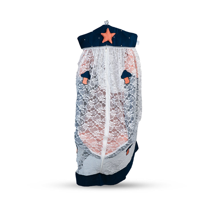 Adorables Bed Cradle | Turquoise Blue & Peach | Cotton with Recron | Mushroom Embroidery | Includes Star Hangings and Removable Net