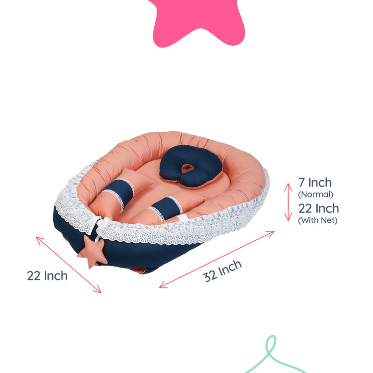 Adorables Baby Nest Bedding Combo Set 4 in 1 | Turquoise Blue & Peach | Star Bow Work & Lace Design | Cotton & Recron | With Baby Nest, Sleeping Bag, Basket (L) & Feeding Pillow