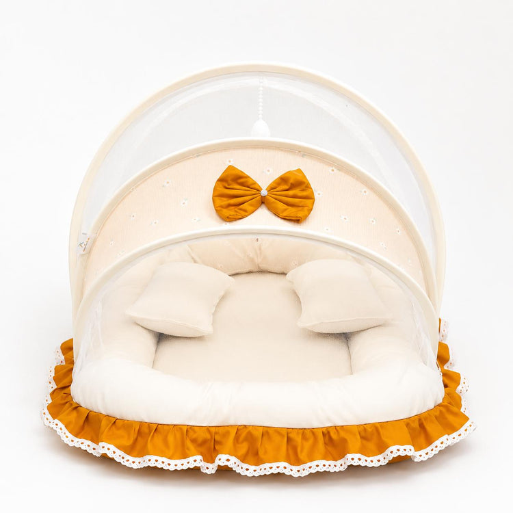 Adorables Baby Mesh Infant Bed | Peach Petal & Off White | Bow Work & Lace Design | Soft Cotton & Recron