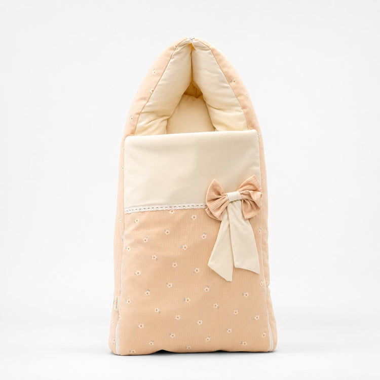 Adorables Baby Sleeping Bag | Peach Petal & Off White| Peach Petal Print, Bow Work & Lace Design | Cotton & Recron