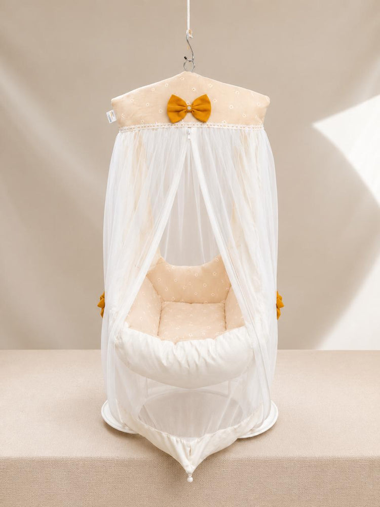 Adorables Baby Cradle for Newborn | Bed Cradle Set | Peach Petal & Off White | Cotton with Recron Filling | Includes Net & Star Hangings
