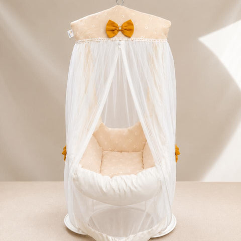 Adorables Baby Cradle for Newborn | Bed Cradle Set | Peach Petal & Off White | Cotton with Recron Filling | Includes Net & Star Hangings