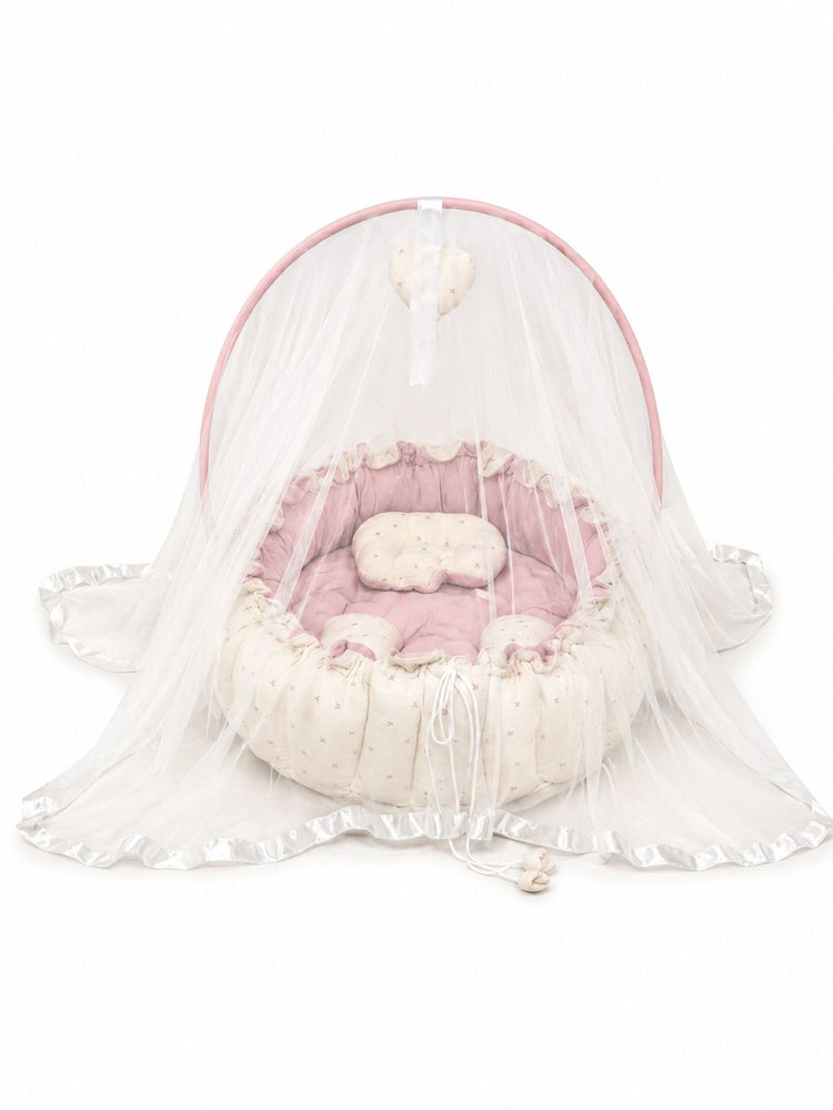 Adorables Baby Bed for Newborn | Oval Bed | Cherry Blush & Pink | Quilted Cotton with Recron filling | With Removable Net