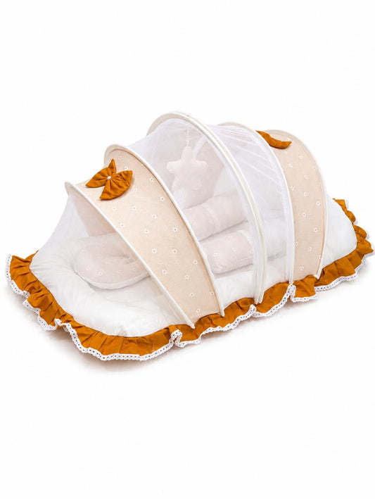 Adorables Baby Mesh Infant Bed | Peach Petal & Off White | Bow Work & Lace Design | Soft Cotton & Recron