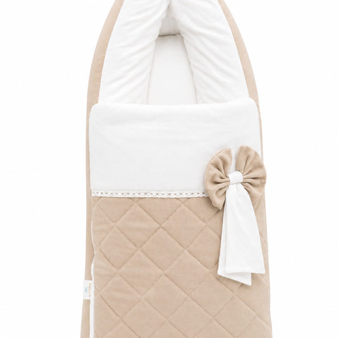 Adorables Sleeping Bag for Newborn | Royal Beige & White | Rexin & Cotton | Bow Work & Lace Frill Design
