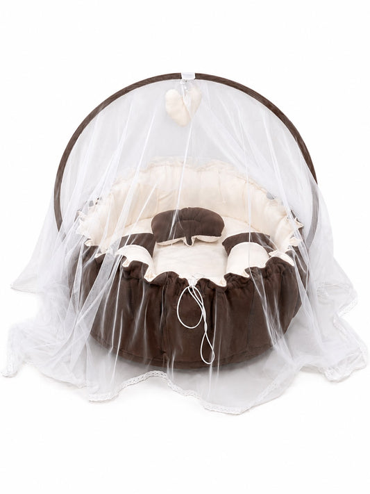 Adorables Baby Bed for Newborn | Oval Bed | Chocolate Brown & Off White | Rexin, Cotton & Recron | With Removable Net