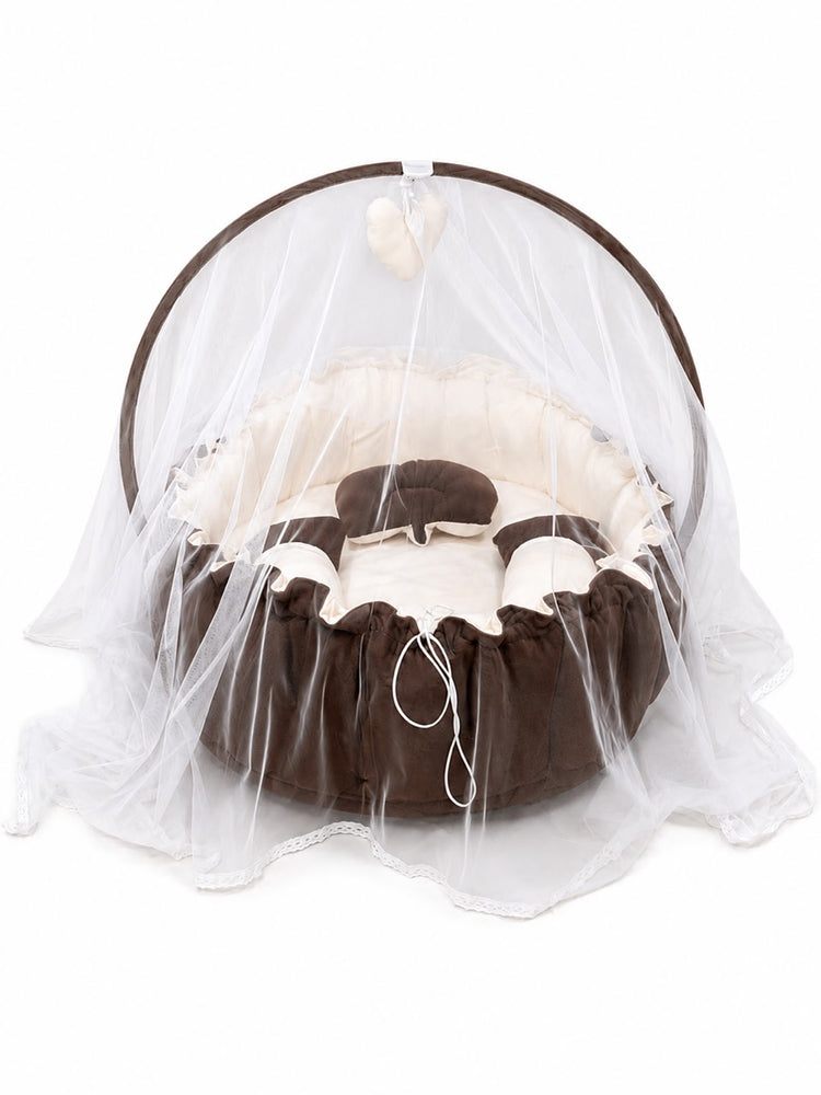 Adorables Baby Bed for Newborn | Oval Bed | Chocolate Brown & Off White | Rexin, Cotton & Recron | With Removable Net