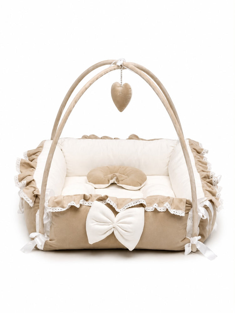 Adorables Square Bed | Royal Beige & White | Hanging Pillow, Lace Design | Rexin and Cotton with Recron