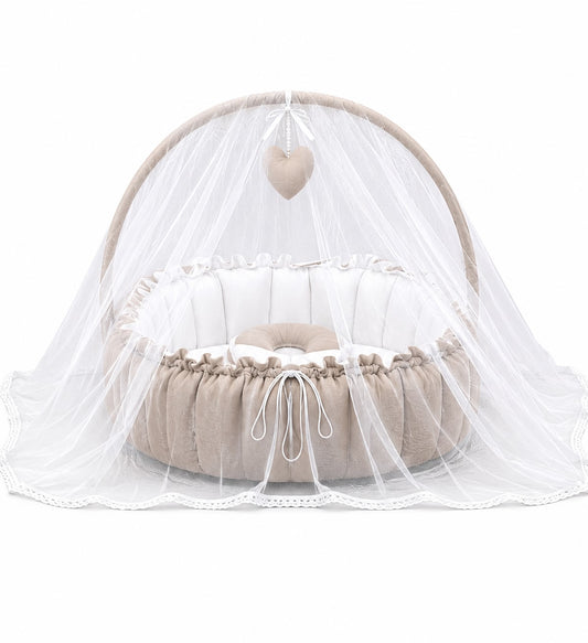 Adorables Baby Bed for Newborn | Oval Bed | Royal Beige & White | Rexin, Cotton with Recron filling | With Removable Net
